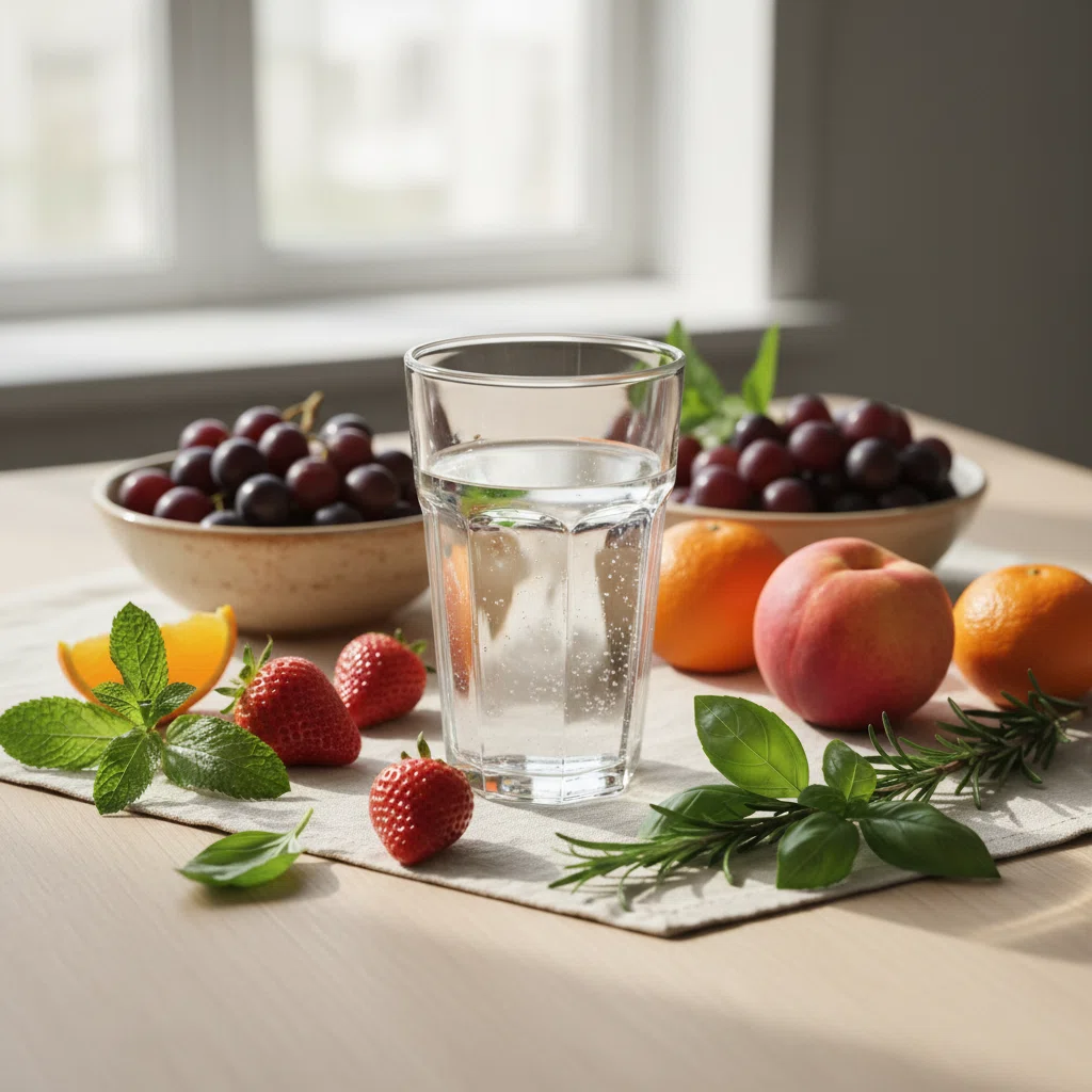 Person from behind sitting at bright kitchen table holding a warm mug, supplement box visible - morning wellness routine